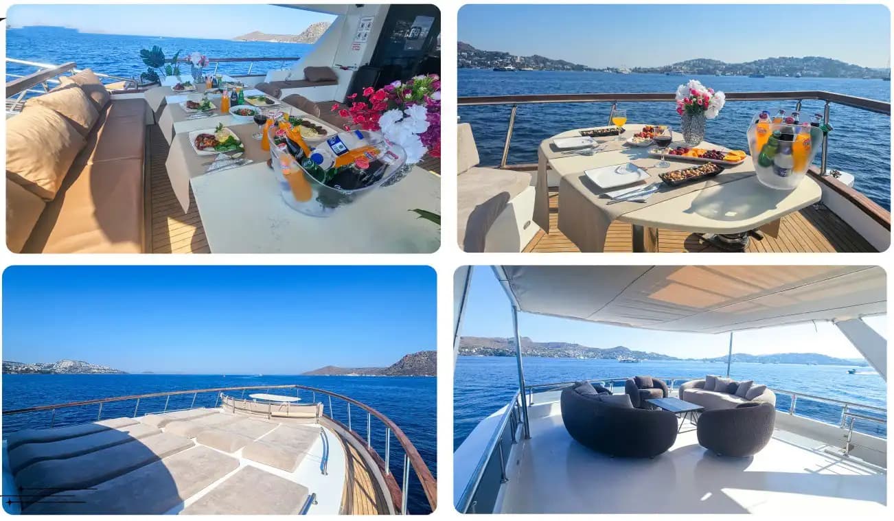 Bodrum'da 21m Lüks Motoryat Kiralama | 4 Kabin 11 Kişi Flybridge Konaklamalı 12